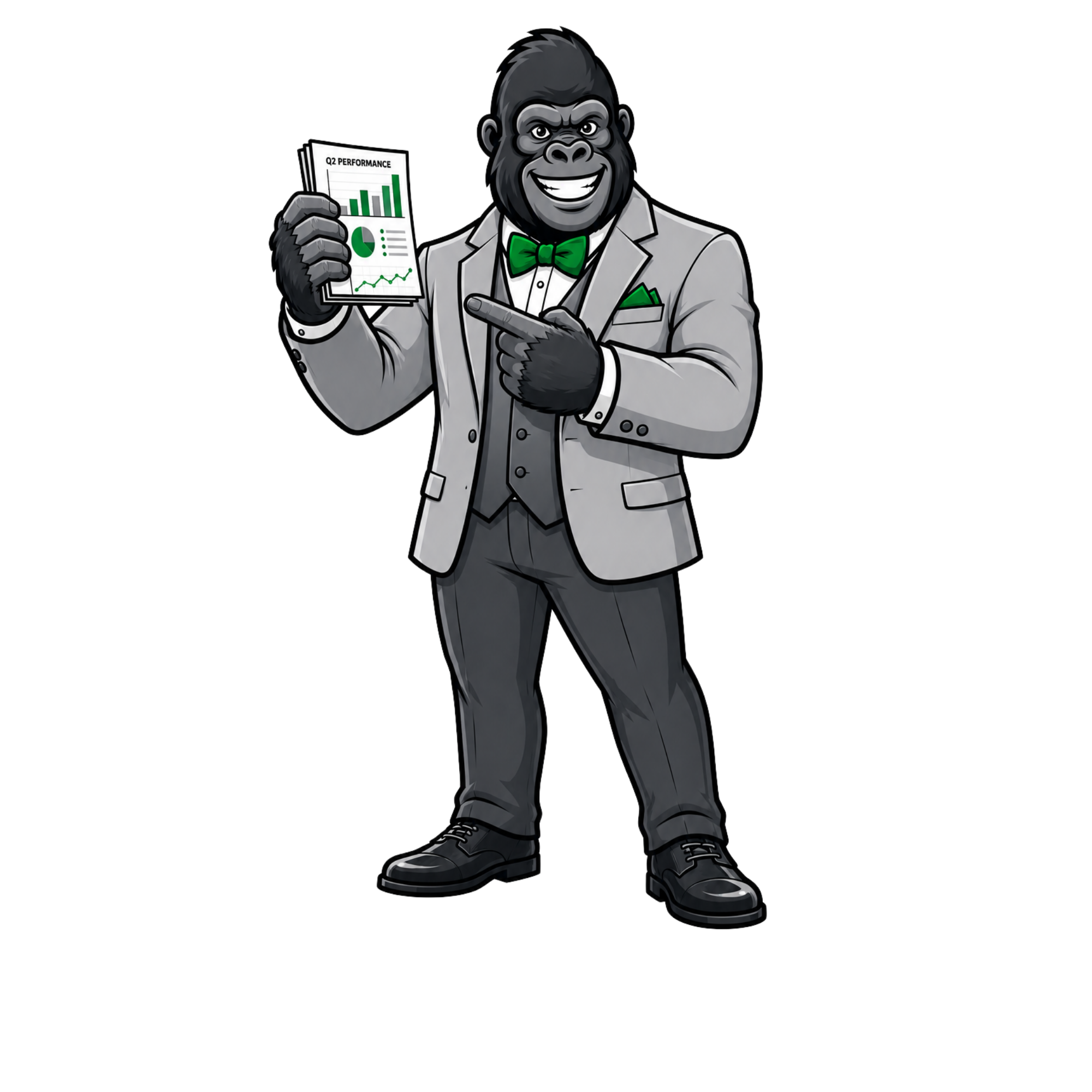 Presentation Gorilla mascot holding a Q2 performance deck.