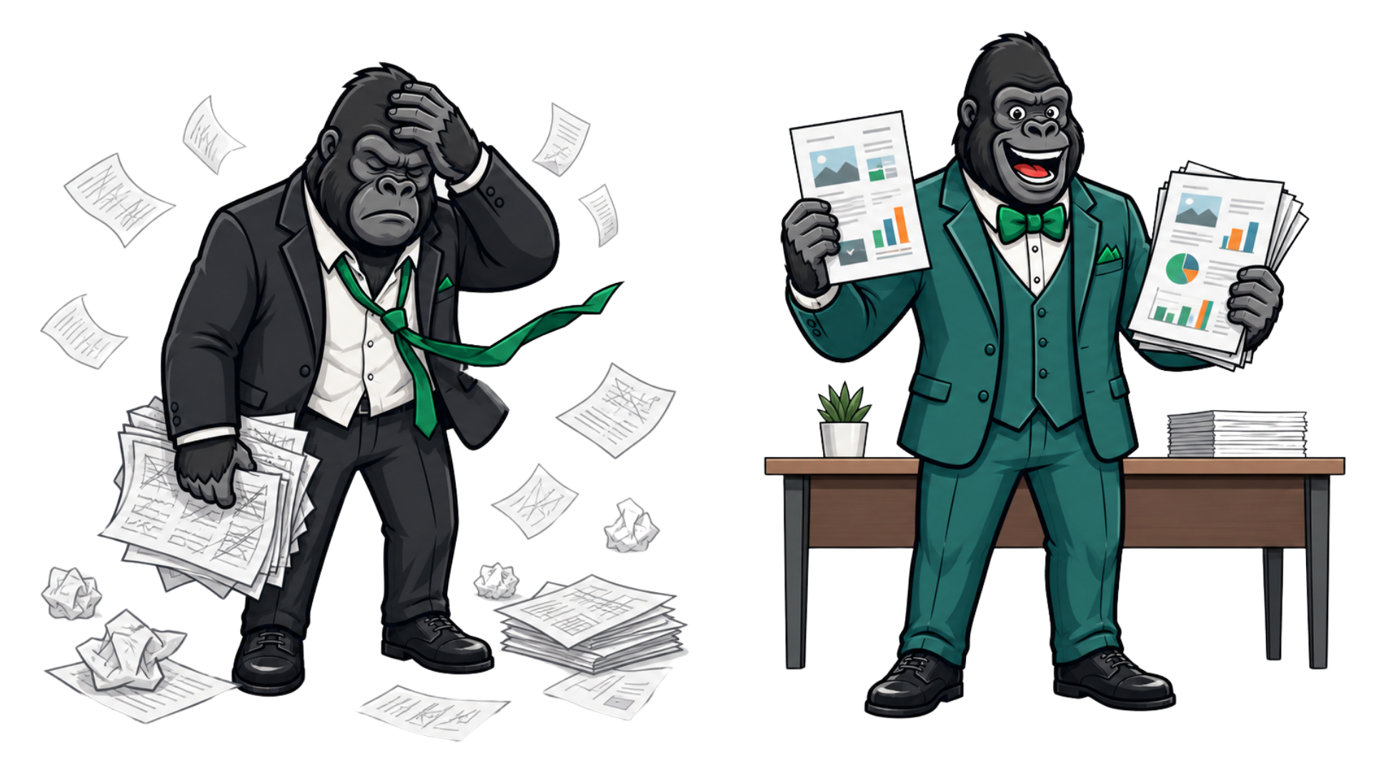 Before and after scene: overwhelmed gorilla with scattered papers transformed into confident gorilla holding polished presentation assets.